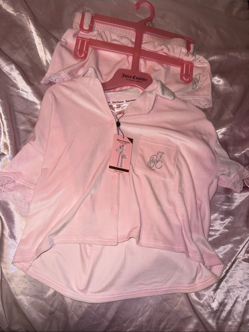 Juicy Couture Light Pink Lace Trim Short-Sleeve Pajama Top with Monogram